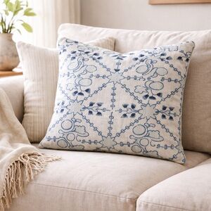 Custom Linen Pillow Cover 22” Blue Block Print Coastal Organic Modern